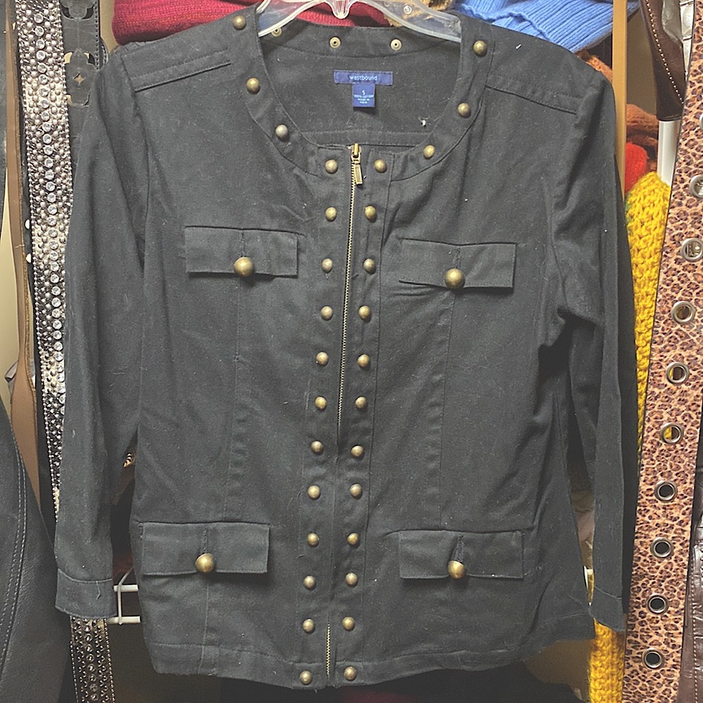 Cute black cotton zip front jacket with brass accents